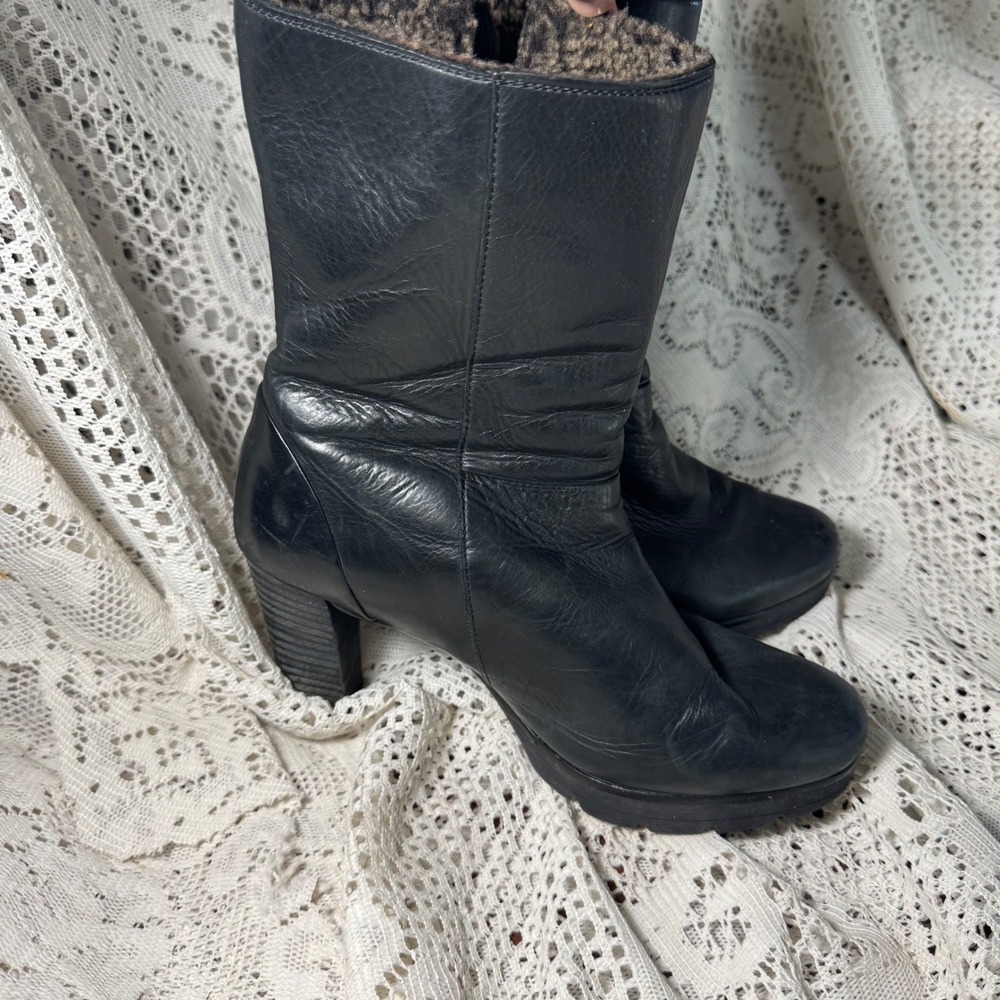 Paul Green Black Leather Faux Fur Lined Block Heel Boots Women US 8